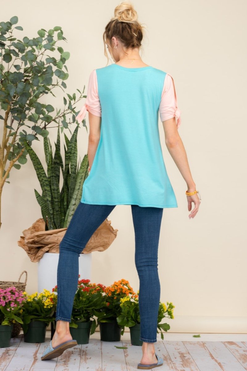 Celeste Full Size Open Tie Sleeve Floral Contrast Top Tunic - Love Salve